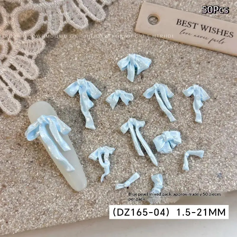 Bowknot Nail Art Decorations 3D Satin Light Charms Colorful Ribbon Qme Blue