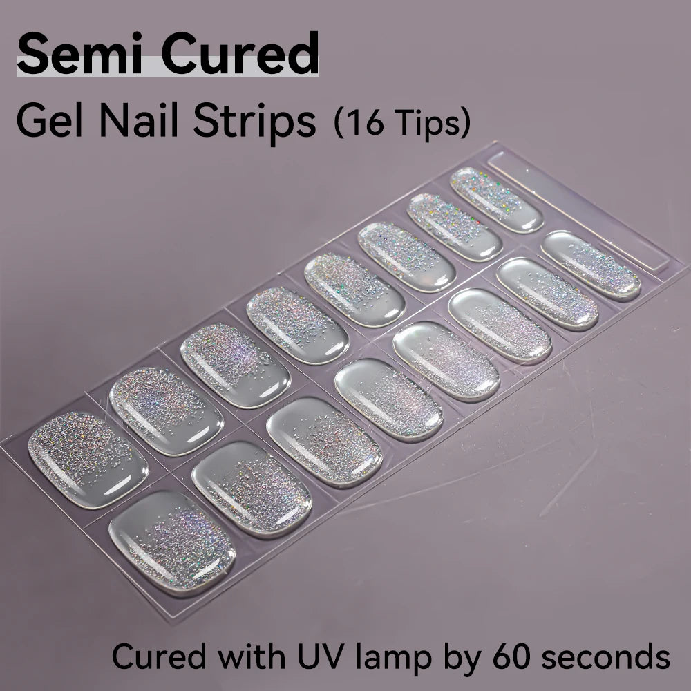 16Tips Semi-cured Gel Nail Sticker Colorful French Glitter UV LED