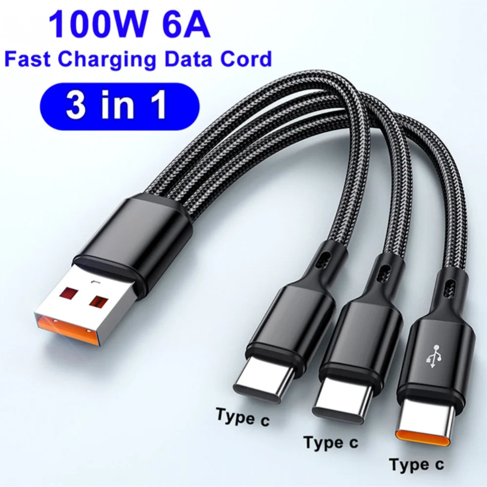 3 IN 1 USB Cable Cord USB To Type C Charger Cable Multi 6A Type C Ports Fast Charging Data Cord For iPhone Samsung Xiaomi Huawei Qme