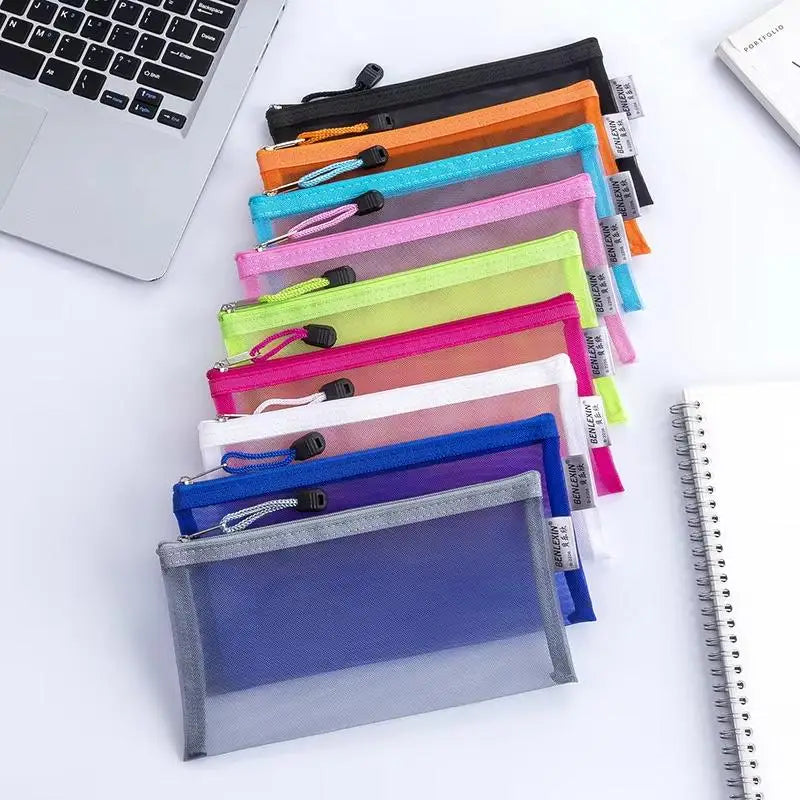 Mesh Pencil Pouches Transparent Design Durable Zip School Office Exam Qme