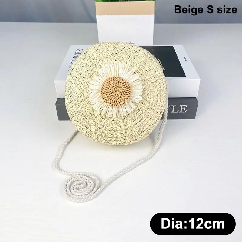 Floral Circle Straw Crossbody Bag: Vintage Mini Shoulder Purse with Graphic Decor for Women's Summer Beach & Casual Outings Qme Beige S