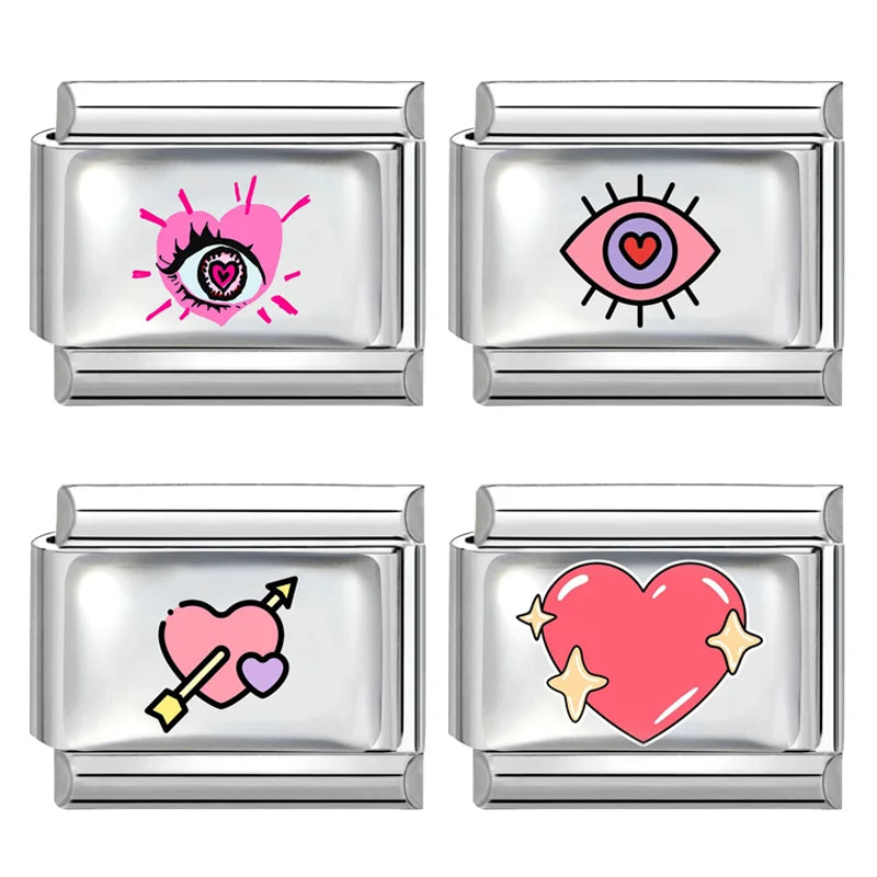 2026 Pink Love Heart Eyes OneArrow through the heart Italian Charms Link 9mm Sliver Modular Bracelet Stainless Steel DIY Jewelry Qme