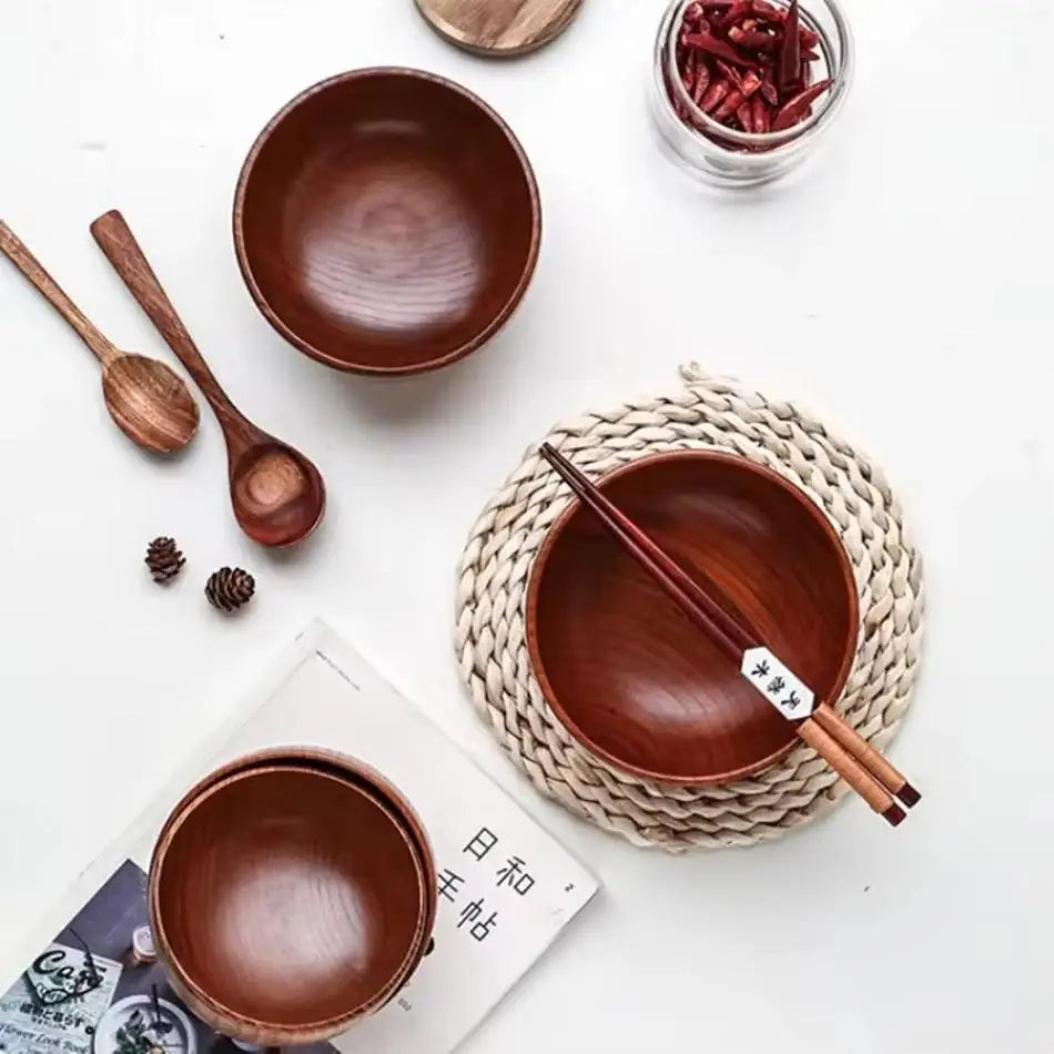 Japanese Style Jujube Wooden Bowl Round Large Soup Bowl Creative Children's Rice Bowl Tableware Vintage Wooden Bowls Tableware Qme