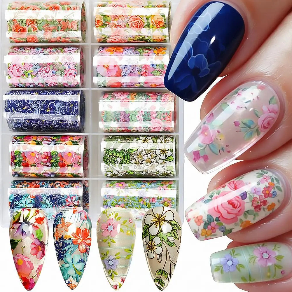 10 Rolls Flower Nail Foil Nails Art Design Stickers Decals Qme