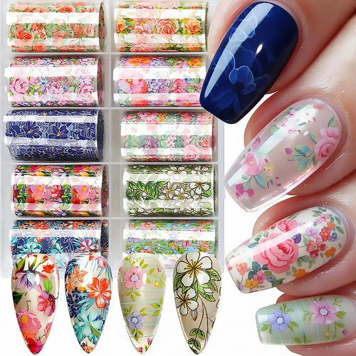 10 Rolls Flower Nail Foil Nails Art Design Stickers Decals Qme