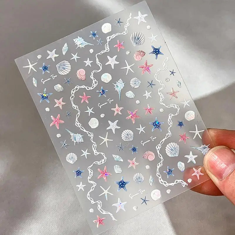 1 Sheet 5D Summer Seashell Nail Sticker Shiny Embossed Starfish Nails Qme A