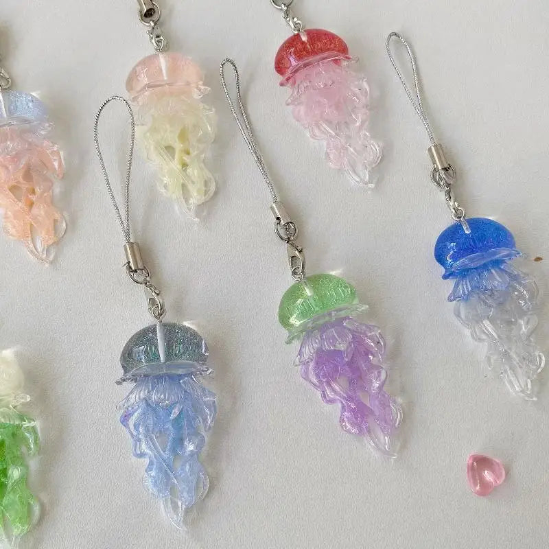 Creative Jelly Color Jellyfish Charm Keychain Y2K Beaded Pendant Phone Chain Car Hanging Decoration Bag Pendants Ornament Gifts Qme