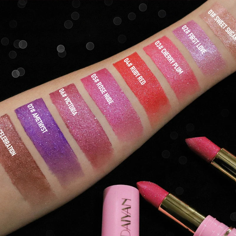 8Colors Glitter Lipstick Waterproof Lasting Diamond Pearlescent Metallic Gloss Lipstick Purple Lipgloss Lips Makeup Cosmetics Qme