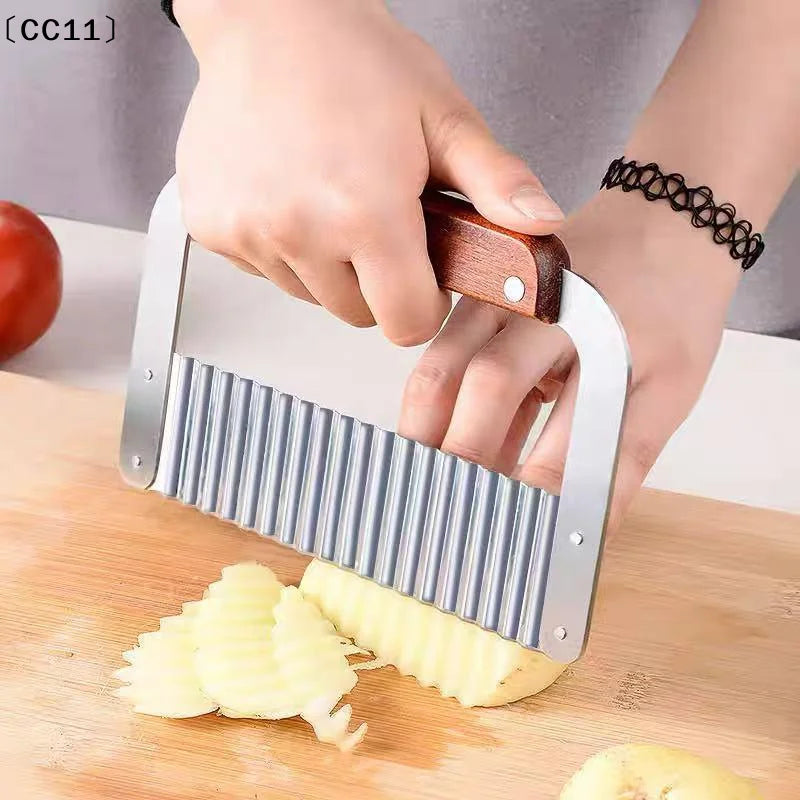 Stainless Steel Wavy Potato Cutter Wooden Handle Crinkle Vegetable Qme
