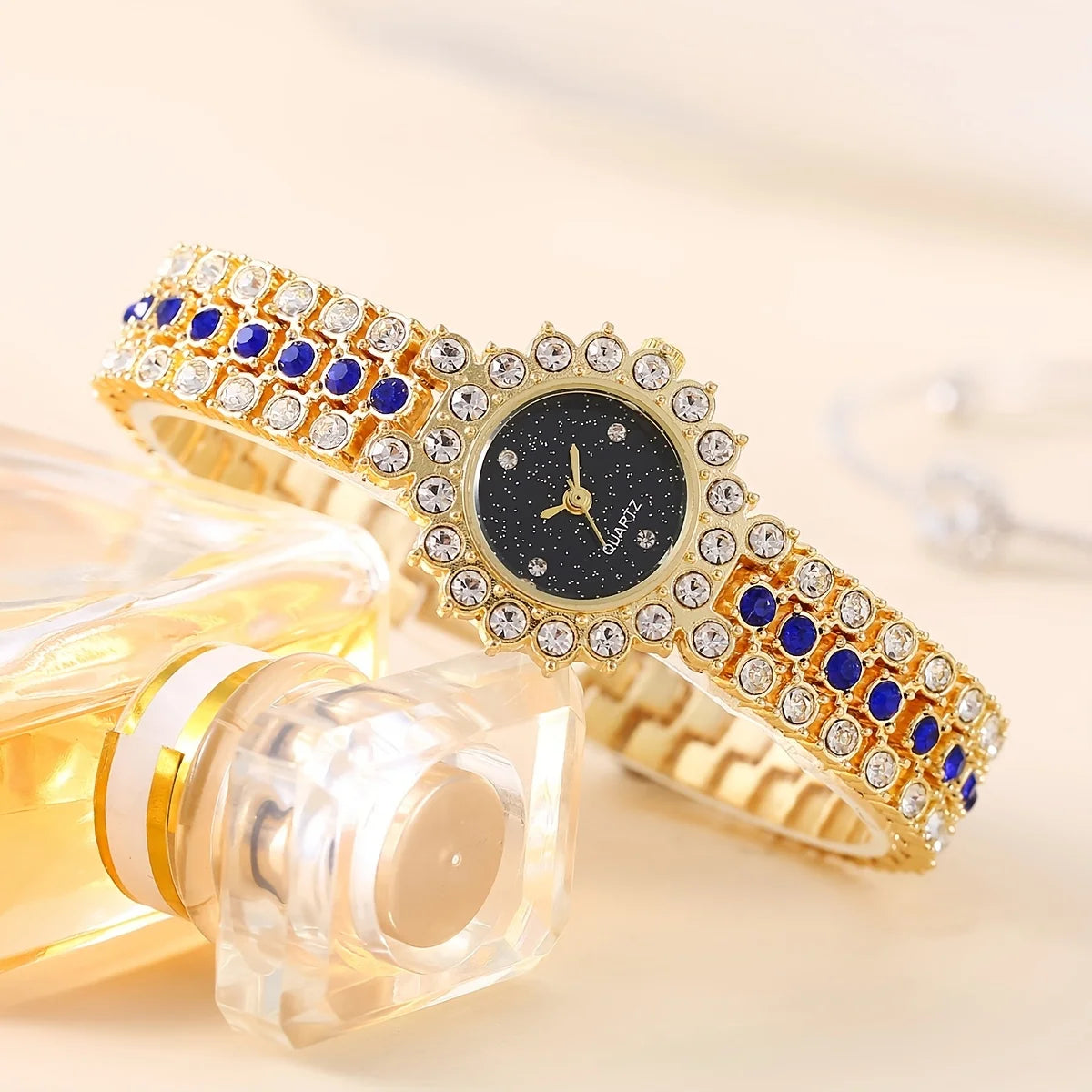 2pcs/set 1pc Ladies Fashion Rhinestone Roman Steel Strap Quartz Watch 1pc Heart Rhinestone Bracelet Set Qme