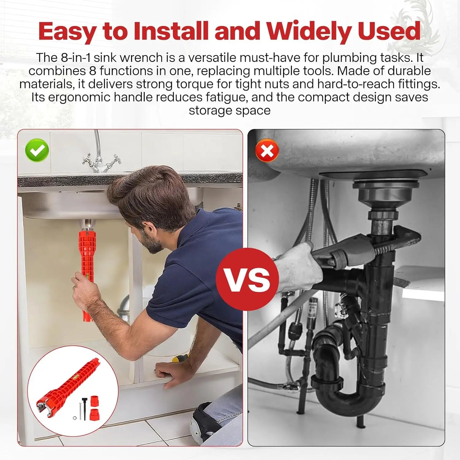 8 in 1 Sink Wrench Multi-functional Plumbing Tool with Level Bubble for Kitchen Bathroom Qme