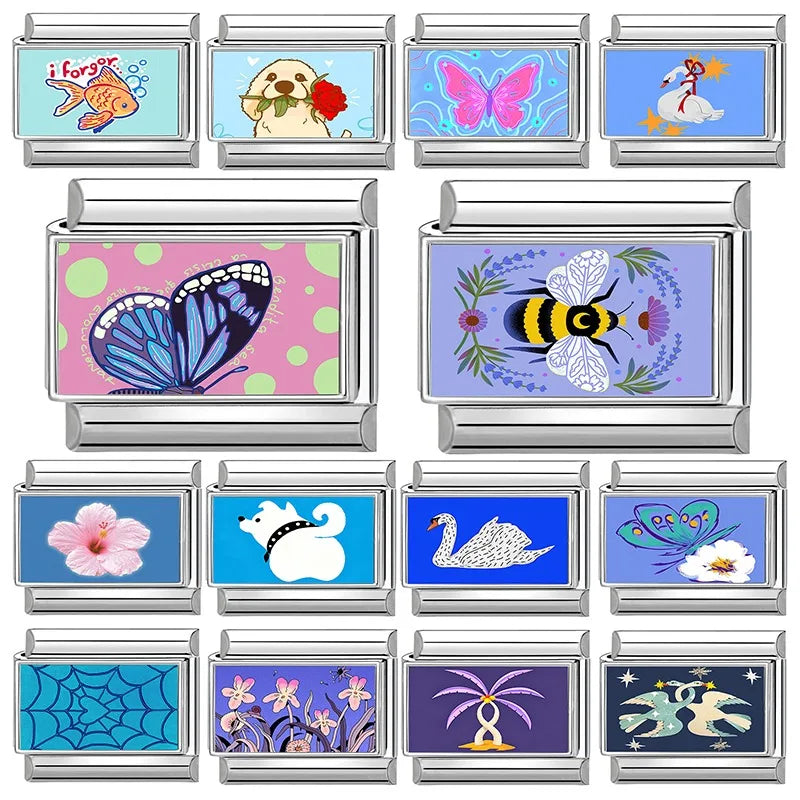 New Y2K Colorful Flowers Butterfly Bees Rose Dogs Swan Italian Charm Links Fit 9MM Stainless Steel Bracelet DIY Making Jewelry Qme