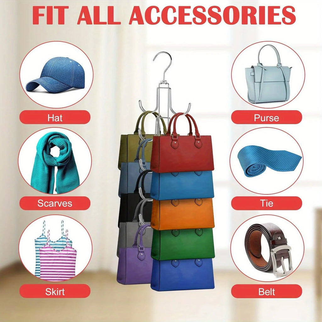 Foldable metal handbag hanger, 360-degree rotating space-saving storage device, suitable for storing items such as handbags Qme