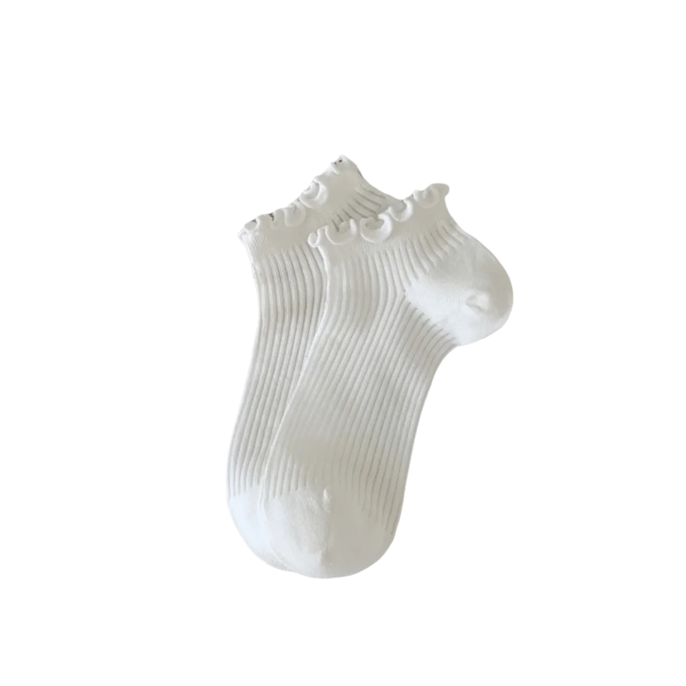 Korean Fashion Candy Ankle Socks Ruffle Mid-calf Women's Breathable Qme White One Size