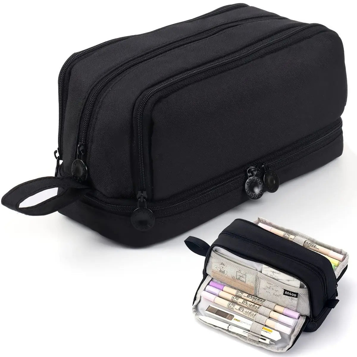 Large Capacity 4 Compartments Pencil Pouch Bag Zipper Portable Handle Qme Black