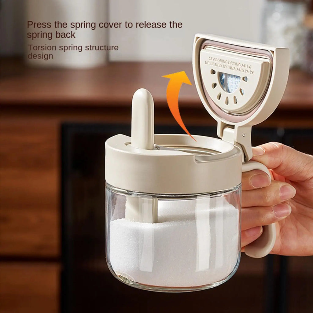 Seasoning Container with Spoon Condiment Glass Storage Seasoning Box with Lid for Kitchen Countertop Pantry Cabinet Home Camping Qme