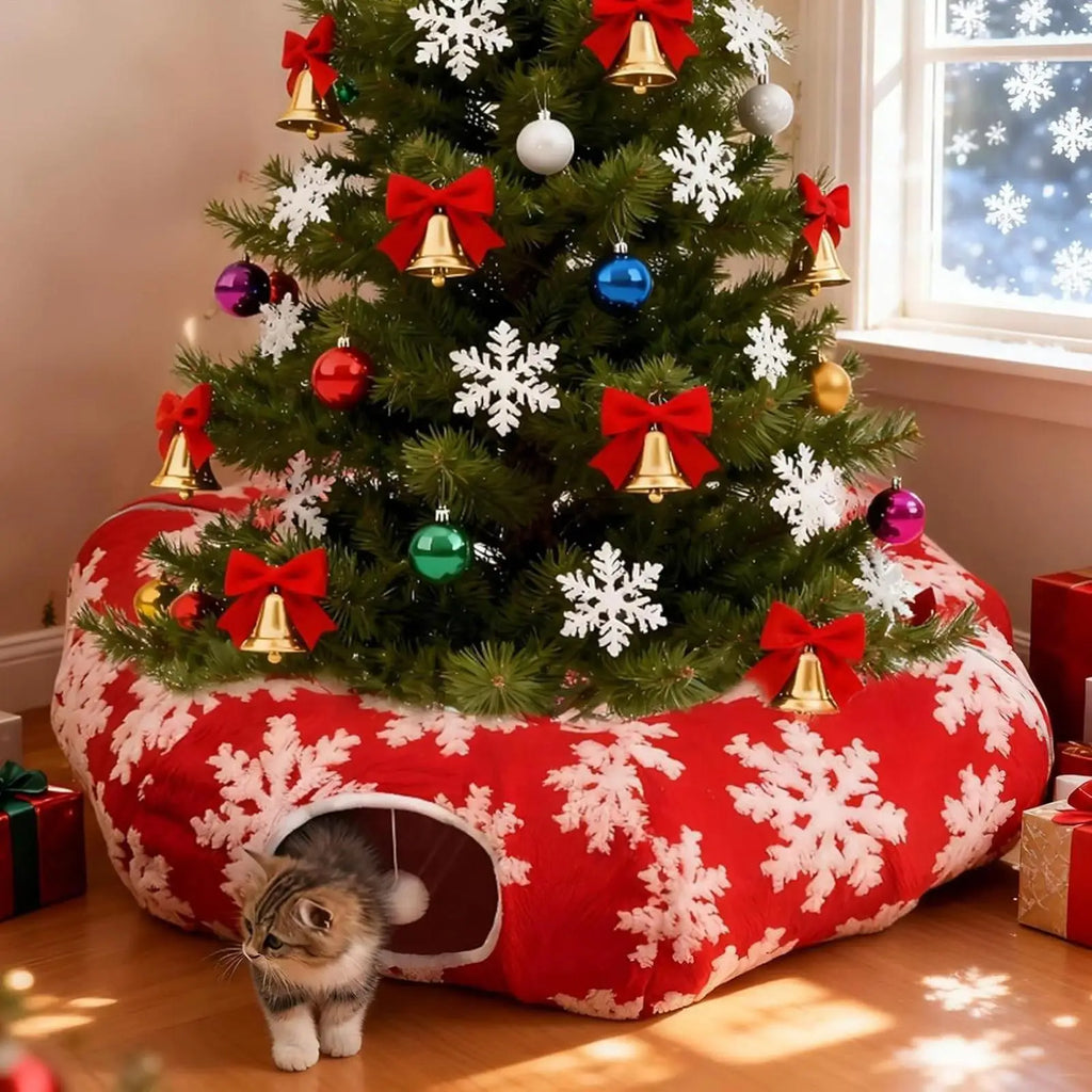 Christmas Tunnel Cat Bed Kitten Donut Nest Kitten Tunnel Cushion Indoor for Living Room Balcony Enrichment Home Bedroom Exercise Qme