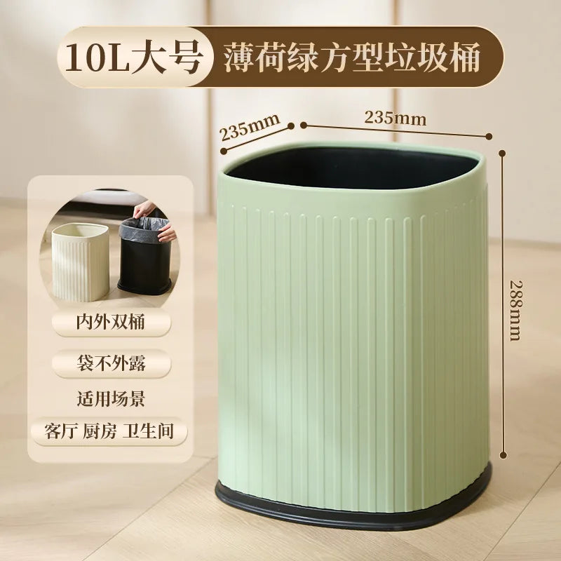 Trash Can 2 Compartments Large Capacity Modern Design Open Top Waste Bin for Living Room Kitchen Bedroom Office High Capacity Qme 10L-Square Green