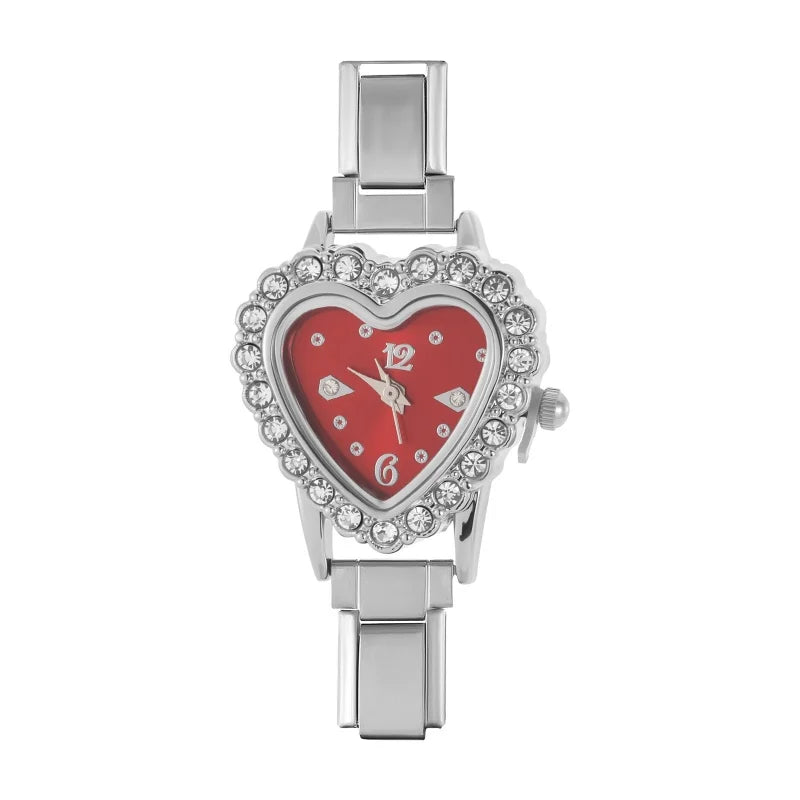 Men Womens Stainless Steel Arabic Numerals Heart Shape Shiny CZ Watch