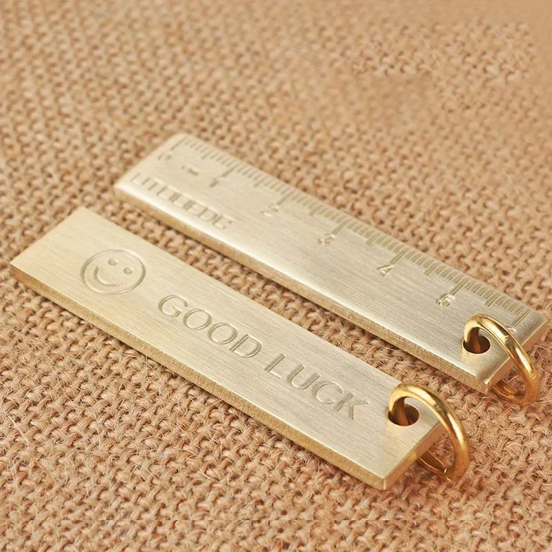 1pc Thickened Miniature 2.36inch Pure Brass Metal Ruler With Keychain And Number Plate Pendant Happy Face Design Qme