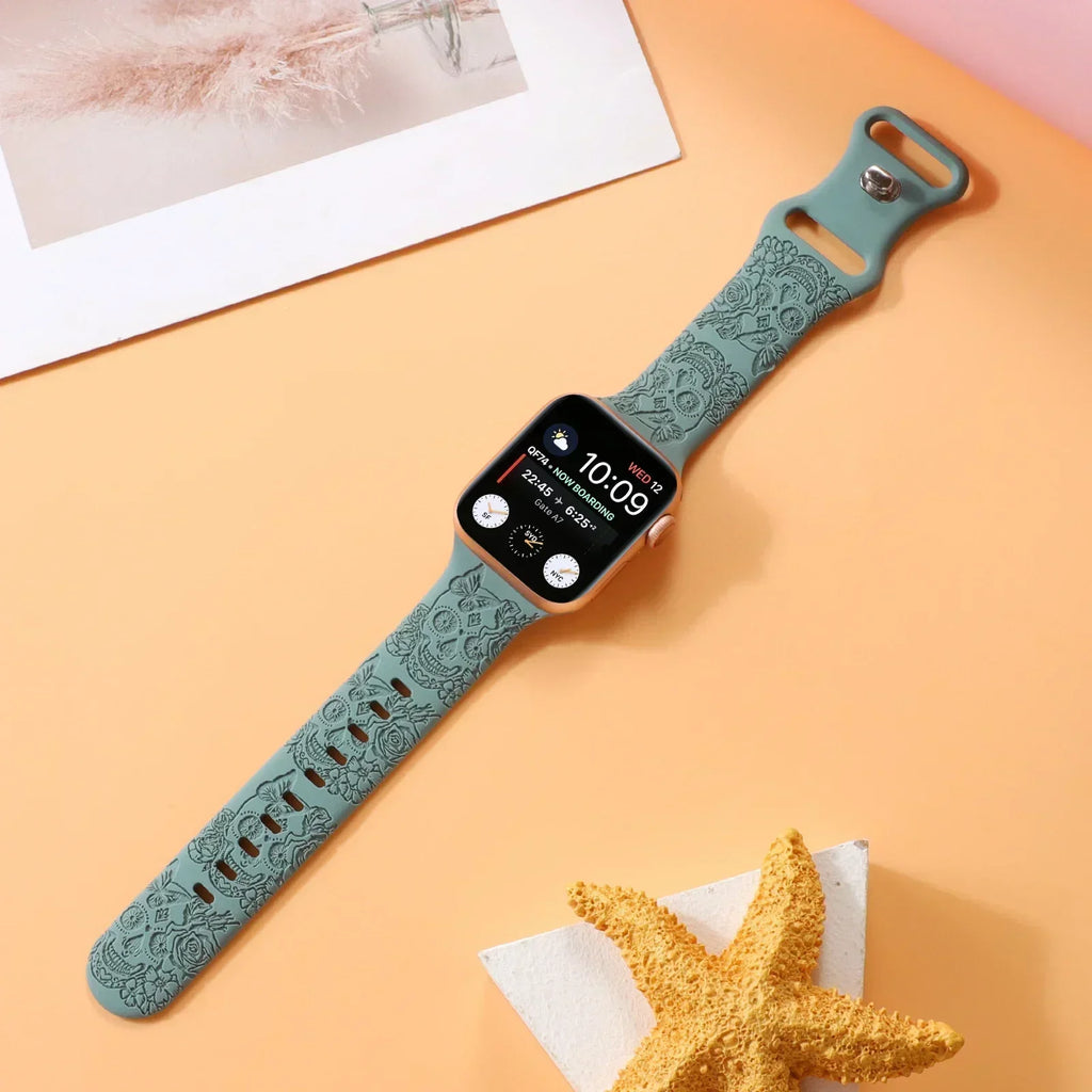 Skull Engraved Strap For Apple Watch Band Ultra 2 49mm 45 44 40 41 42 38mm Silicone Sport Bracelet For iWatch Series 8 9 7 65 SE Qme