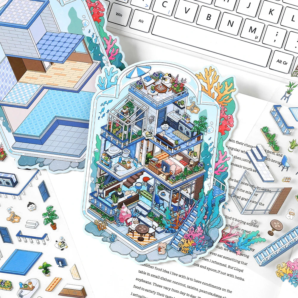 Kawaii Deep Sea Home 3D DIY Landscape Sticker Pocket Cabin Scene Stacking Pasting Festival Birthday Gift for Kid Child ﻿ ﻿ Qme