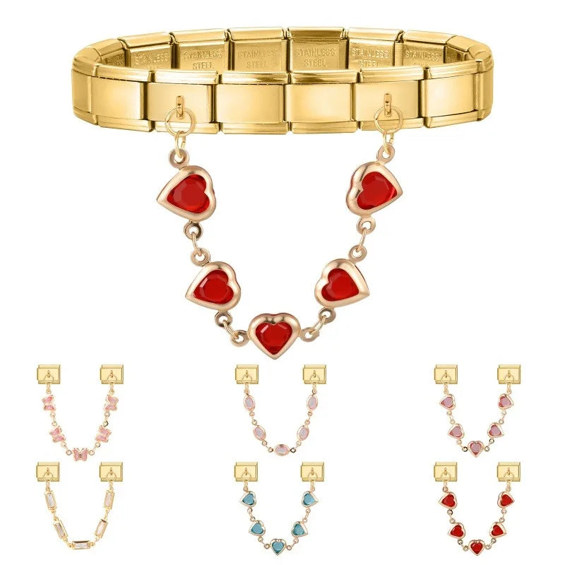 2026 Vintage Golden Charm Red Heart Zircon Tassel Chain Italian Charm Links Fit 9MM Stainless Steel Bracelet DIY Making Jewelry Qme