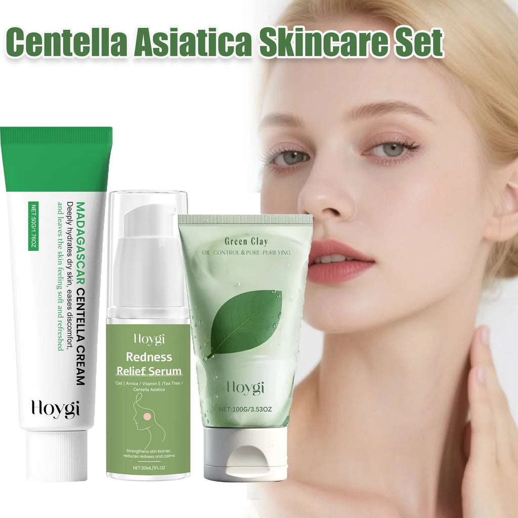 Centella Asiatica Skincare Set Green Clay Cleanser Centella Cream & Serum For Sensitive & Acne Prone Skin Moisturizing Soothing Qme
