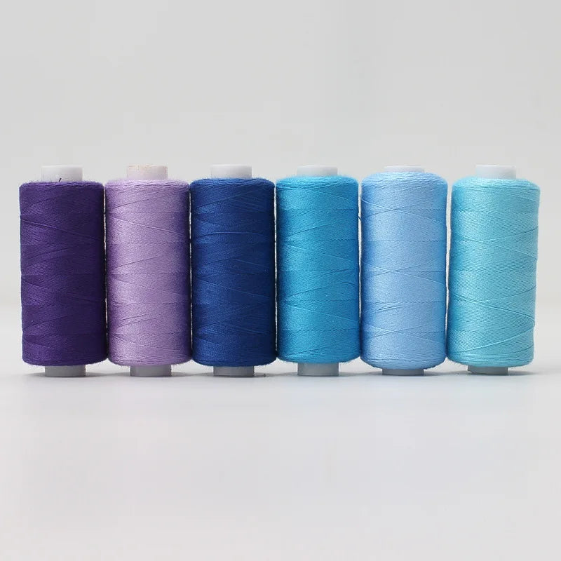 6 Rolls Polyester Sewing Thread Set Assorted Colors Polyester Sewing Machine Thread for Home DIY Manual and Mechanical Sewing Qme Blue Series
