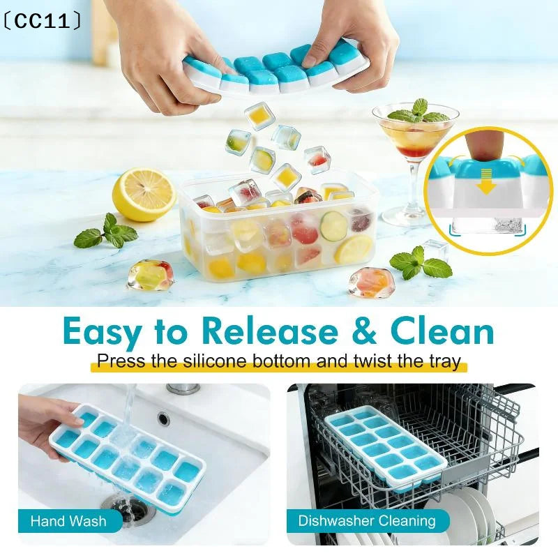 14-Grid Ice Cube Trays Silicone Mold Removable Lid DIY Homemade Qme