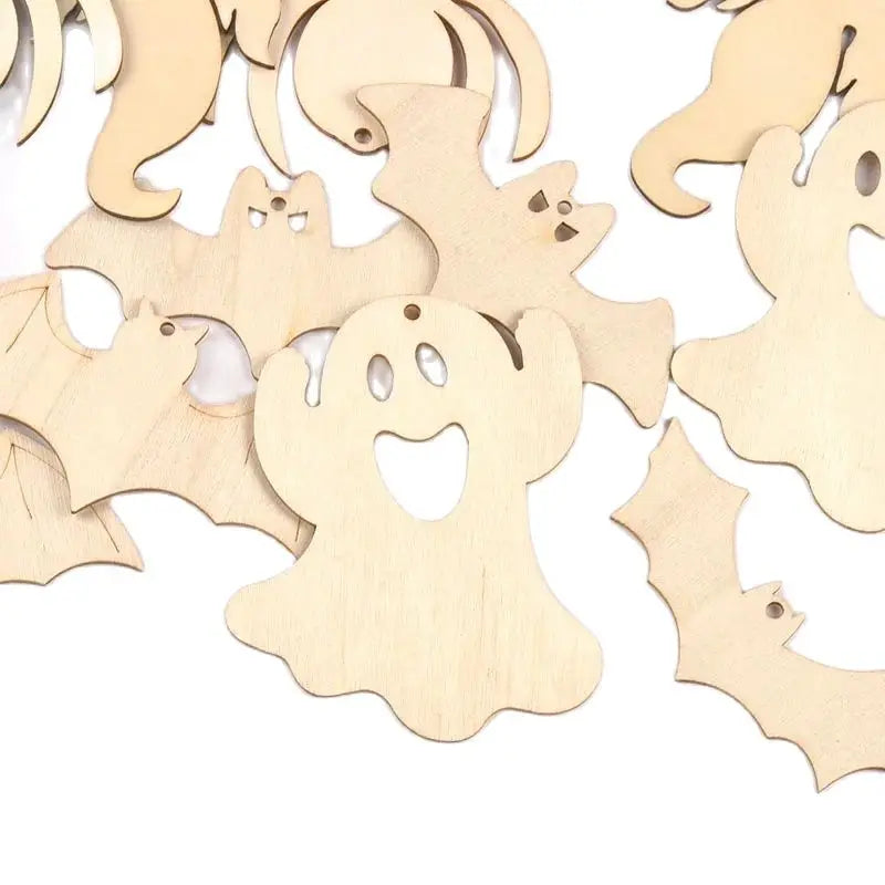 10Pcs 4.5-10cm Unfinished Halloween Decorations Bat/Spider/Ghost Wooden Crafts DIY Blank Hanging Ornaments Home Party Supplies Qme