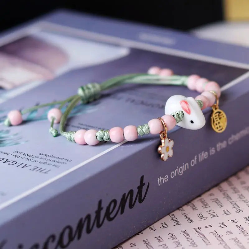 Cute Charming Rabbit Ceramic DIY Crystal Bracelet Men and women lucky pendant woven bracelet Young fashion jewelry accessories Qme