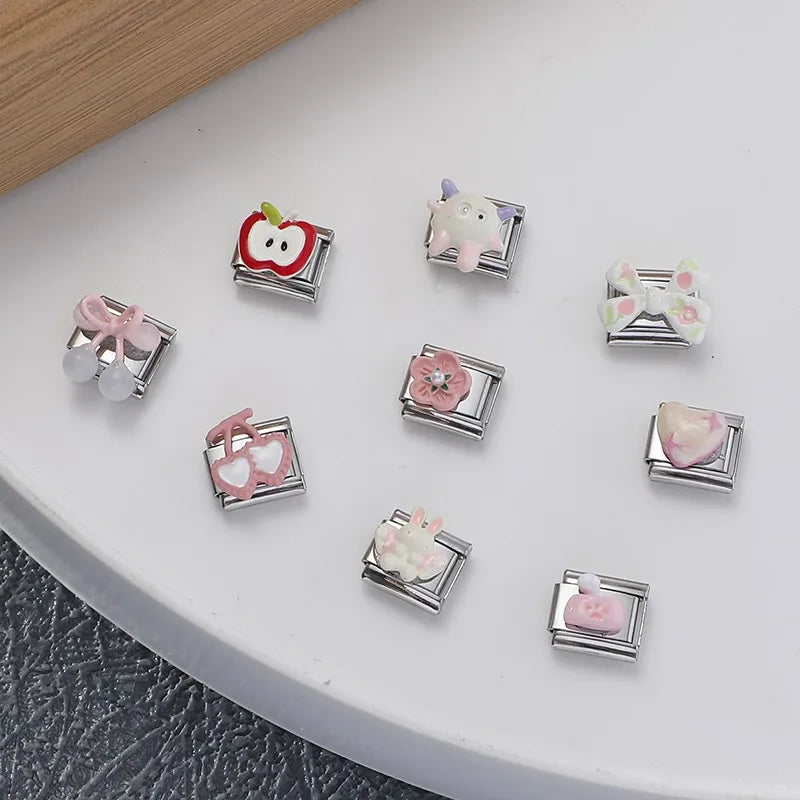 New Fashion Red Apple Cute Sheep Cherry Bow Knot Italian Charm Link fit 9mm Stainless Steel Jewelry DIY Making Bracelet Gifts Qme