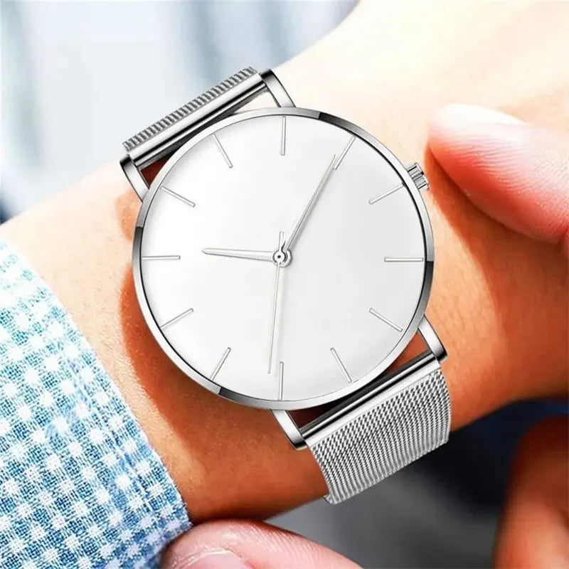 Luxury Fashion Minimalist Mens Ultra Thin Watches Simple Men Business Stainless Steel Mesh Belt Quartz Watch Casual Man Watch Qme