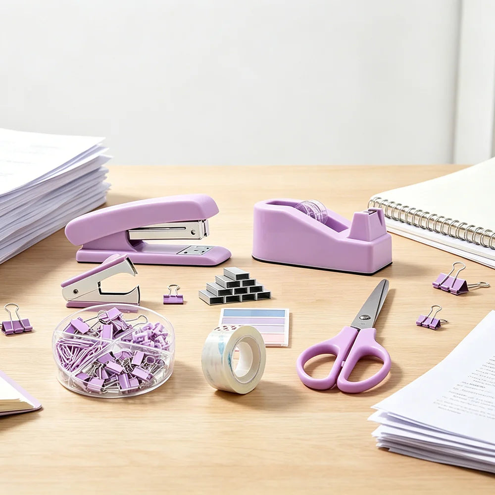 7Pcs/Set Organizer Accessories Set Office Supplies Stapler Staple Remover Paper Clips Back To School Student Stationery Kit Qme