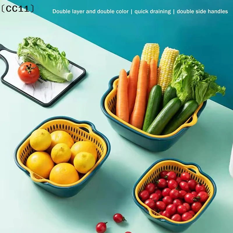 Fruit Vegetable Drain Basket Plastic Green Yellow Household Qme