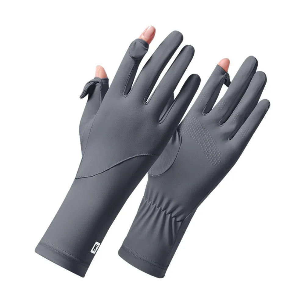 Ice Silk Women Sunscreen Gloves Anti-UV Breathable Sun Protection Riding Gloves Non Slip Touch Screen Summer Driving Gloves Qme Dark Grey
