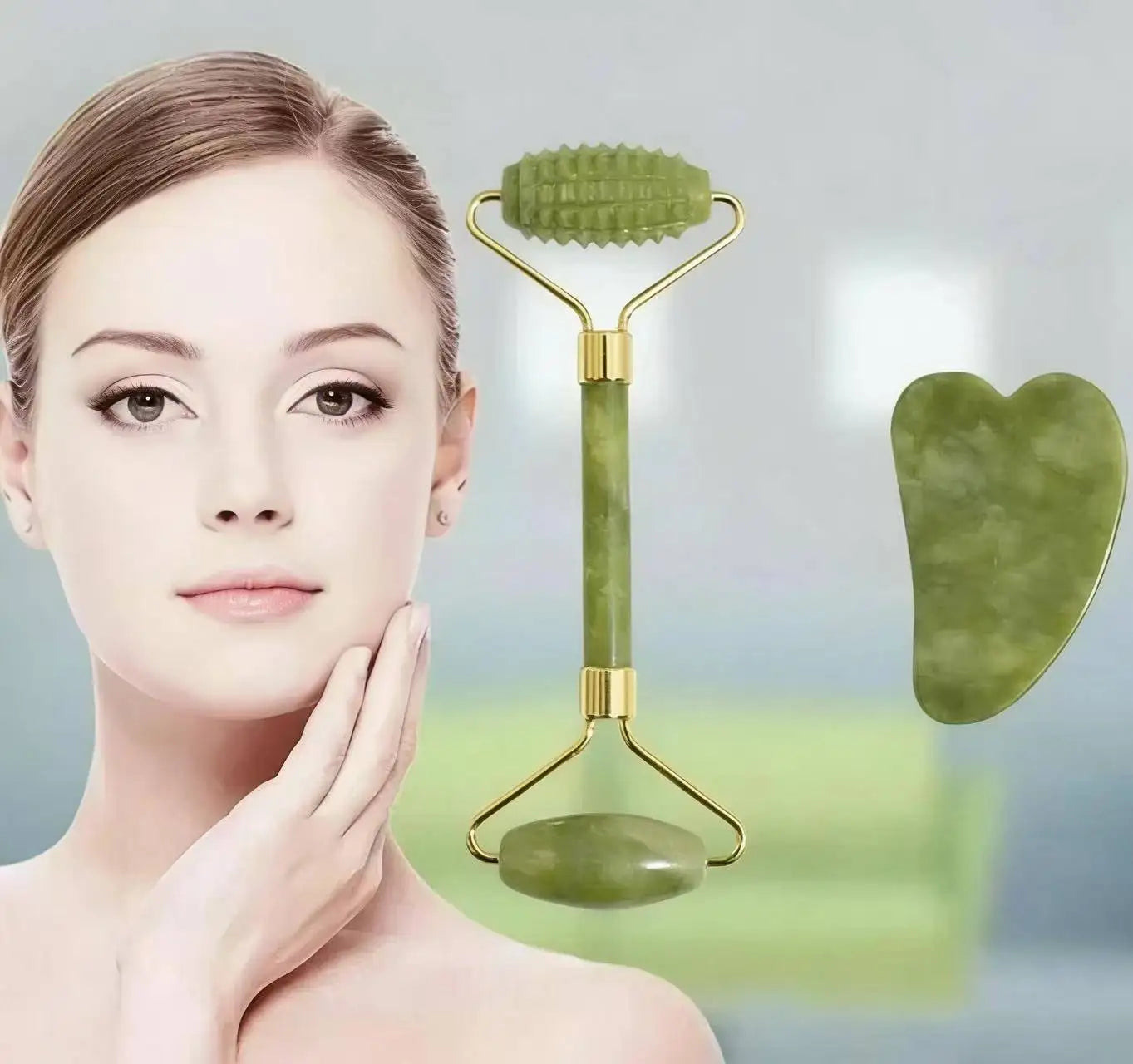 Natural Jade Roller Face Gua Sha Stone Body Neck Massager Acupoint Qme