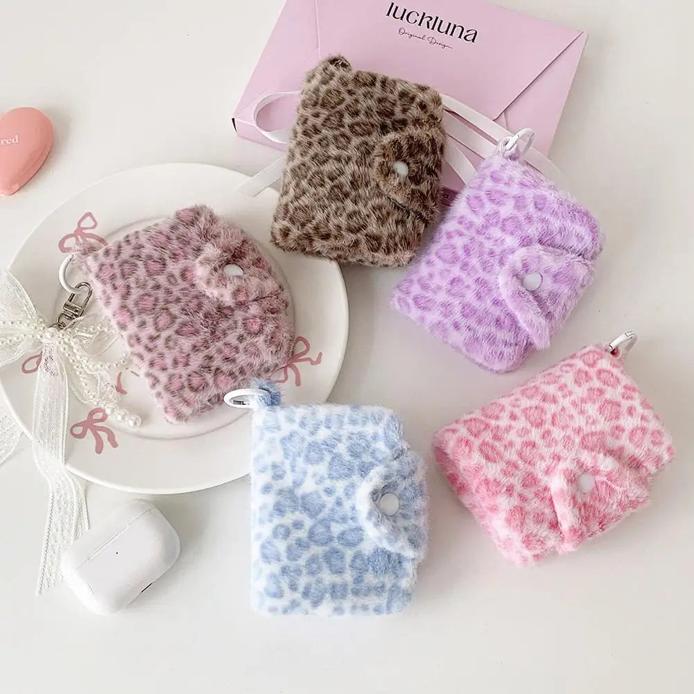 Leopard Print Coin Purse Plush Snap Closure Mini Wallet for Girls Portable ID Card Holder Coin Bag Small Clutch Pocket Wallet Qme