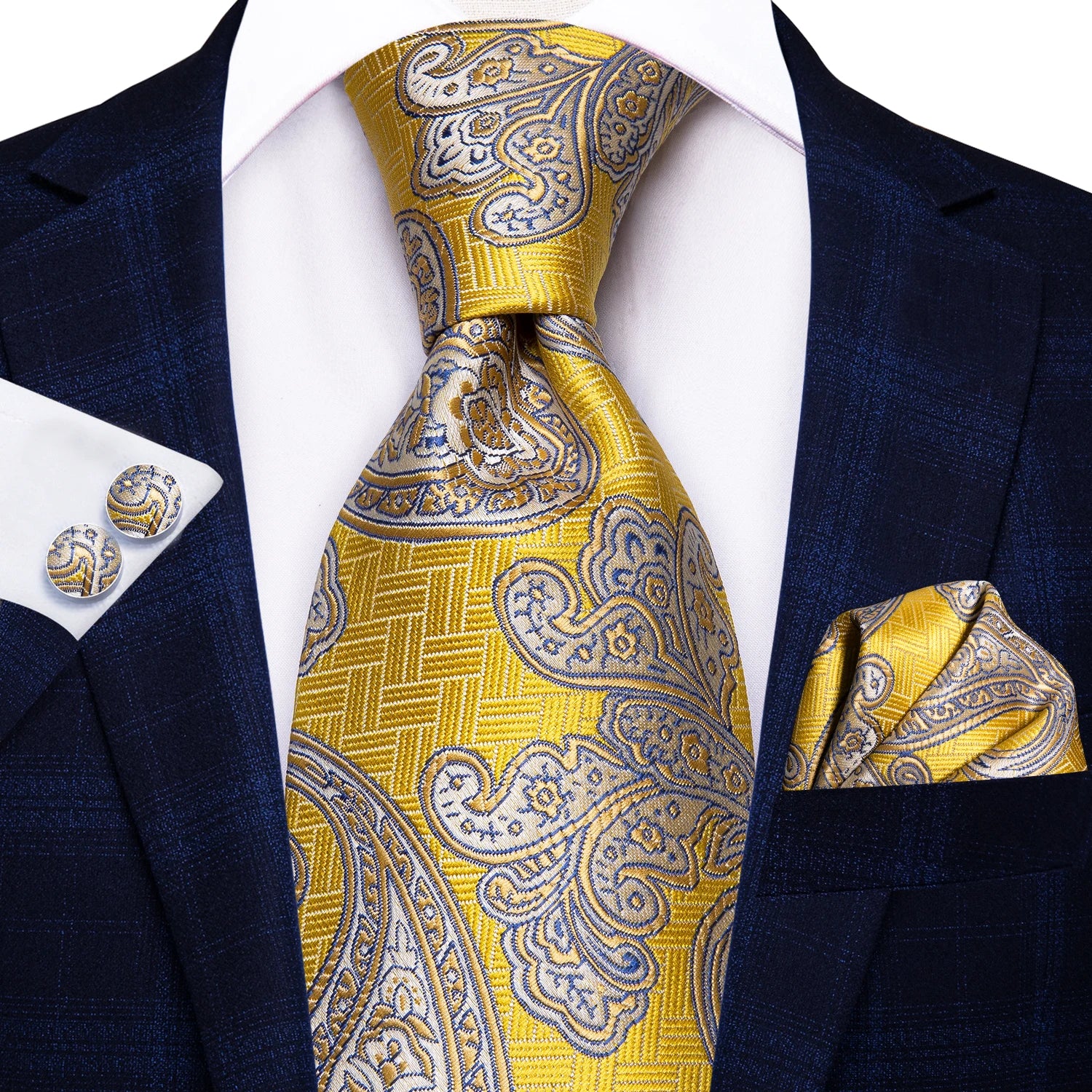 Designer Gold Solid Wedding Tie Men Handky Cufflink Striped Plaid Qme SN-1730