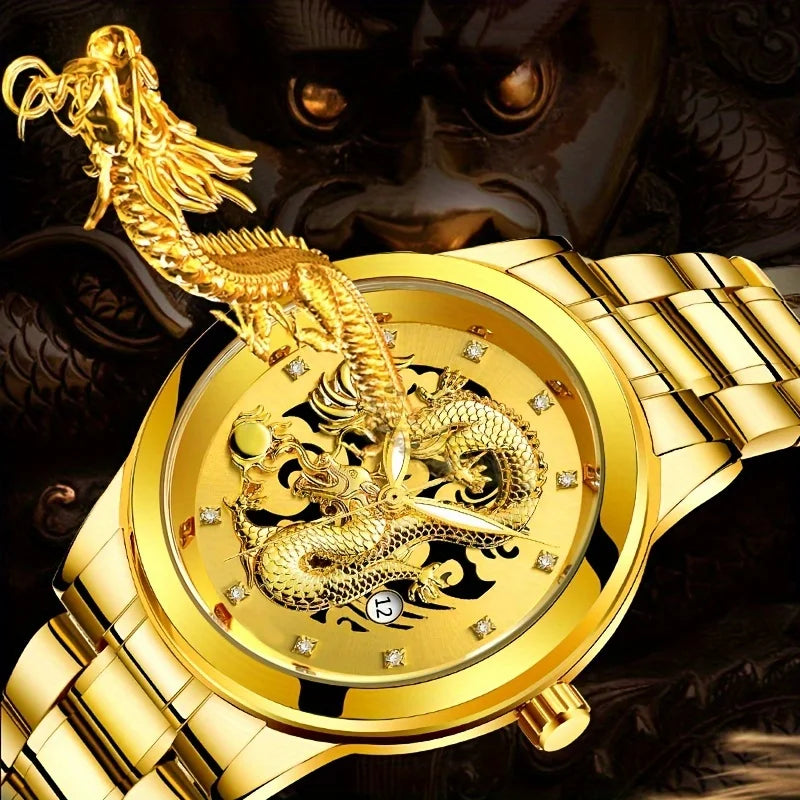 Fashion Men's Watch Chinese Dragon Golden Watch Stainless Steel Calendar Quartz Watch Qme
