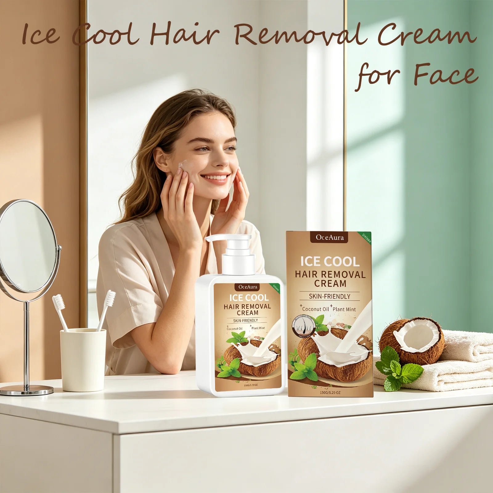 OceAura Ice Cool Hair Removal Cream for Face Coconut Mint Infused Gentle Smooth Residue Free Depilatory Cream for All Skin Types Qme