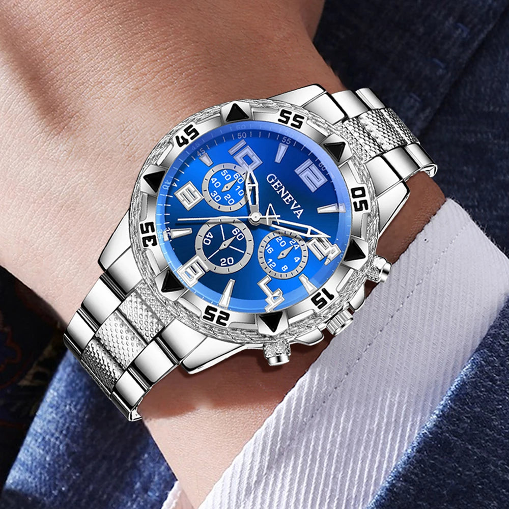 Geneva Three Eyes Blue Plate Men's Steel Belt Watch Blue and White Full Diamond Cuban Bracelet Two Piece Set, Qme