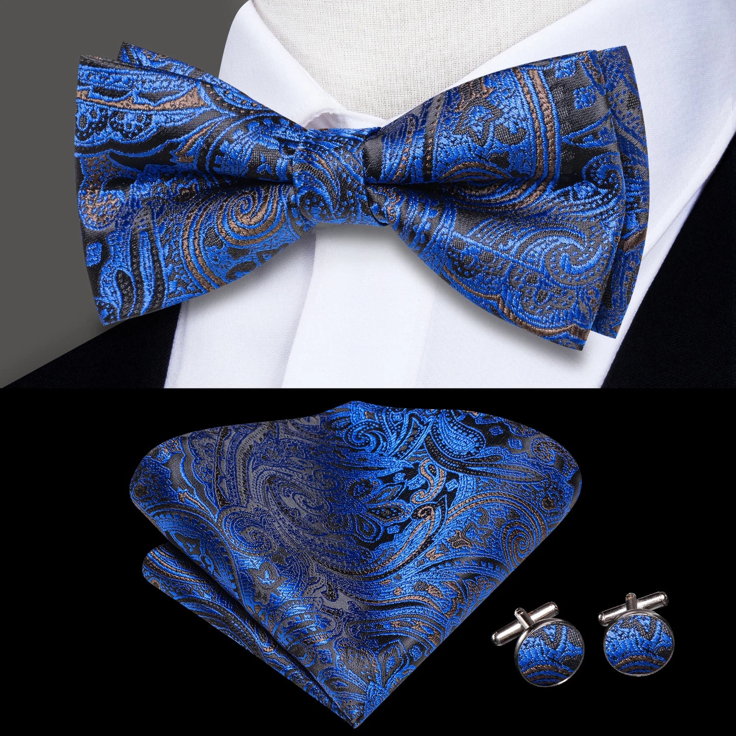Hi-tie Grey Plaid Jacquard Pre-tied Mens Bow Tie Hanky Cufflinks Qme LH-2519