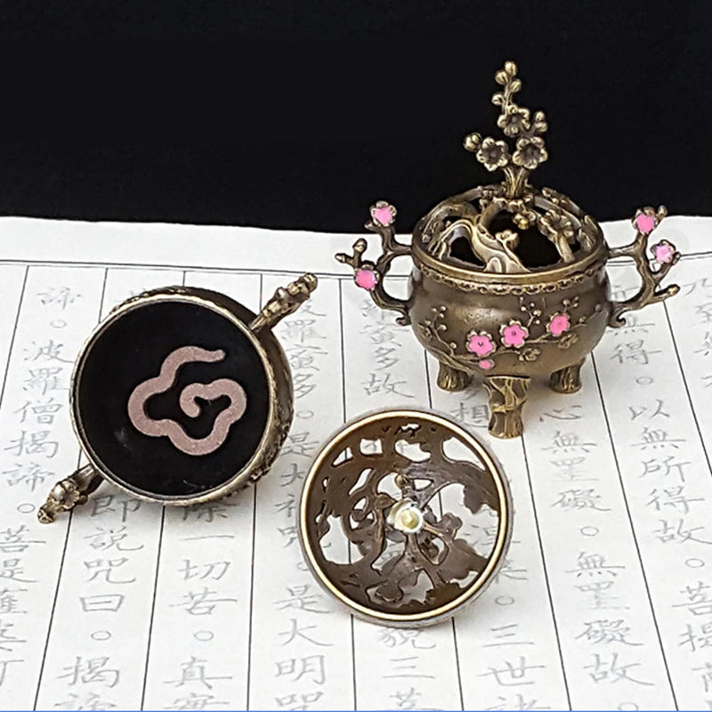 Mini Plum Blossom Lucky Incense Burner Metal Lotus Bowl Holder Handle Qme