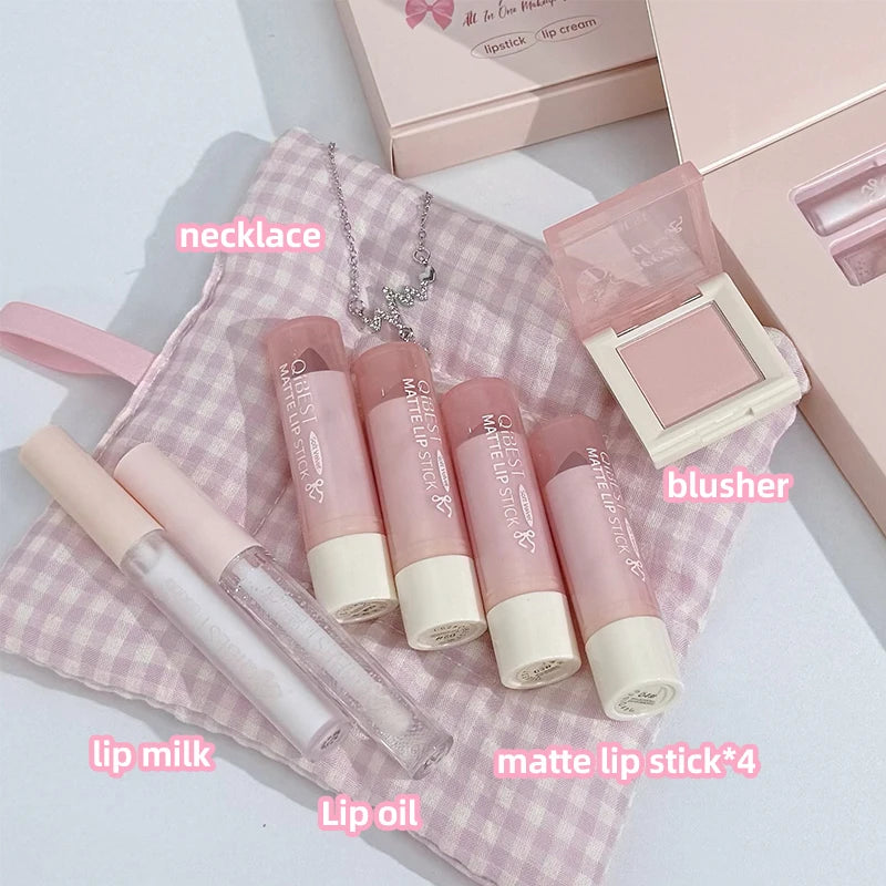 7Pcs/Box Makeup Sets 4PCS Velvet Nude Liquid Lipstick,1 Lip Cream,1 Lip Oil,1 Face Blush Palette And Necklace Gift Cosmetic Kits Qme