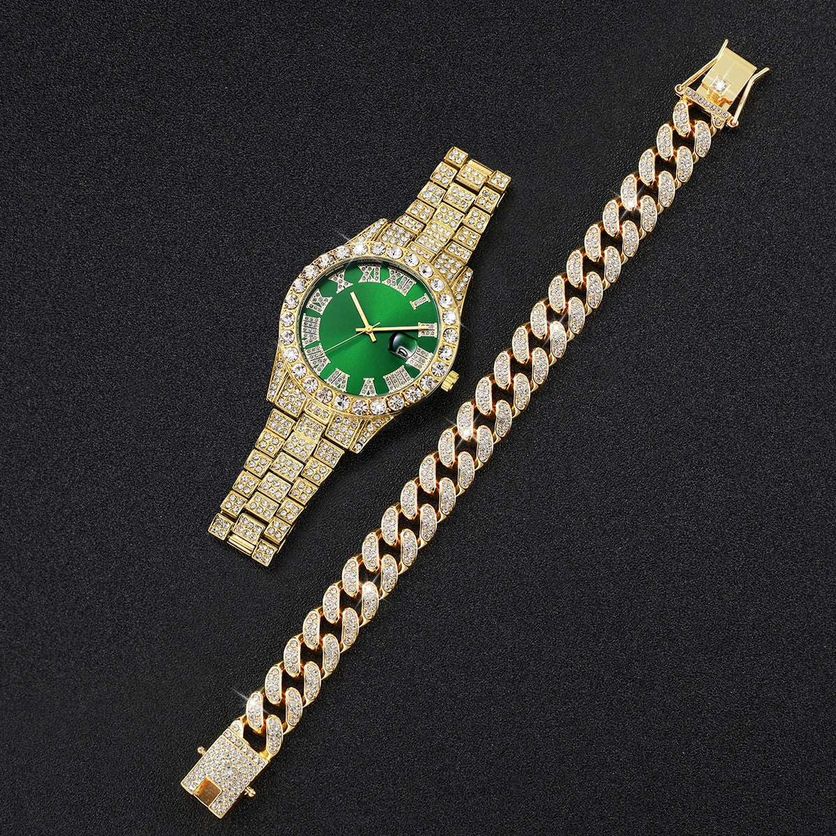 2pçsluxostrassrelógios masculinos moda banda de aço inoxidável analógico relógio de quartzo pulseira conjunto relogios masculino Qme