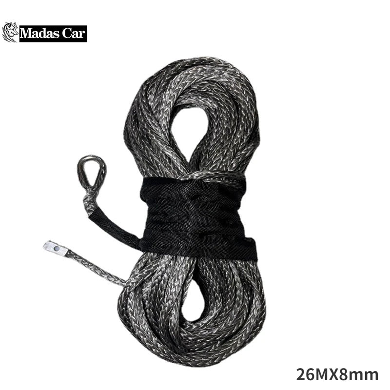 13500lbs Car Outdoor Accessories Truck Boat Emergency Replacement Synthetic Winch Rope 26mx8mm 12 Strand String Cable ATV UTV Qme Grey