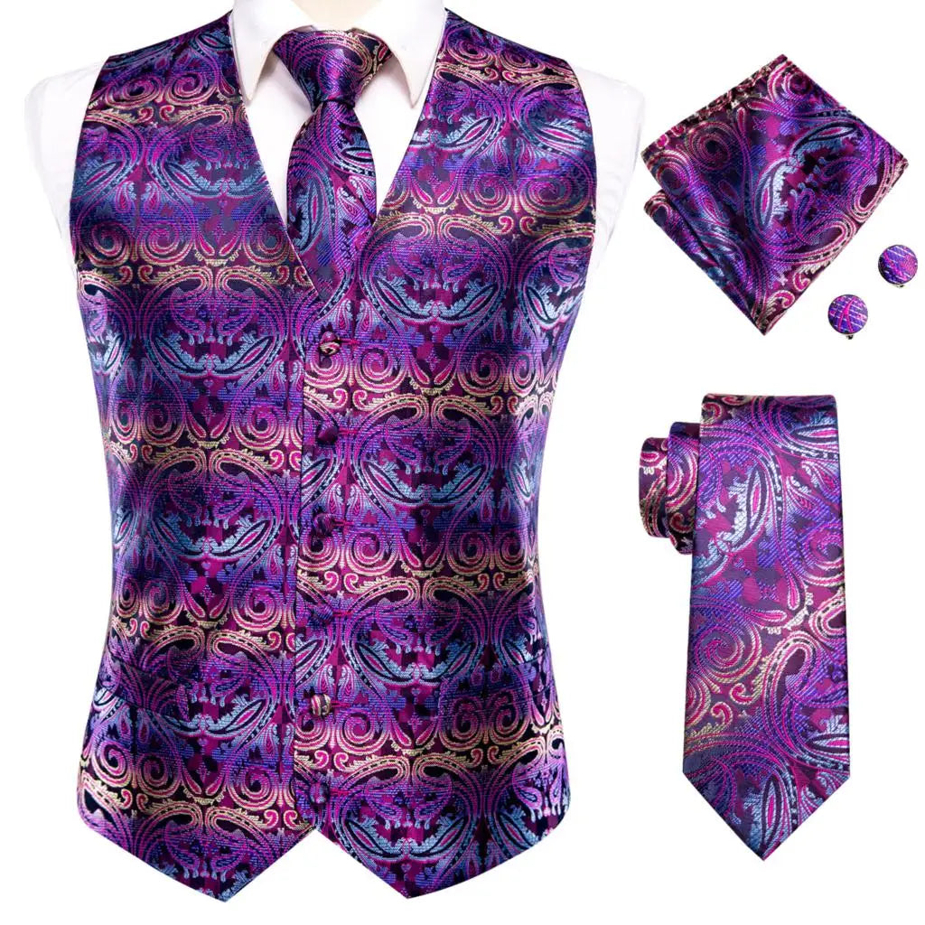 Hi-tie Mens Suit Vests Necktie Hankerchief Cufflinks Silk Slim Fit Qme
