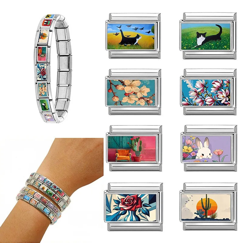 Cute Cats Birds s on the Grassland Italian Charm Fit 9mm Stainless Steel Women DIY Bracelet DropShip Fashion Jewelry Wholesale Qme